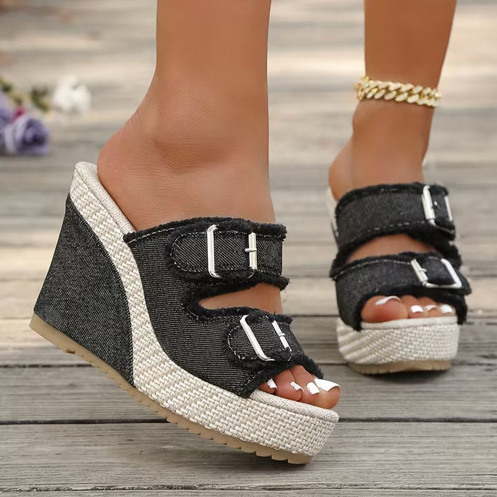 Ada | Denim Wedge Sandalen