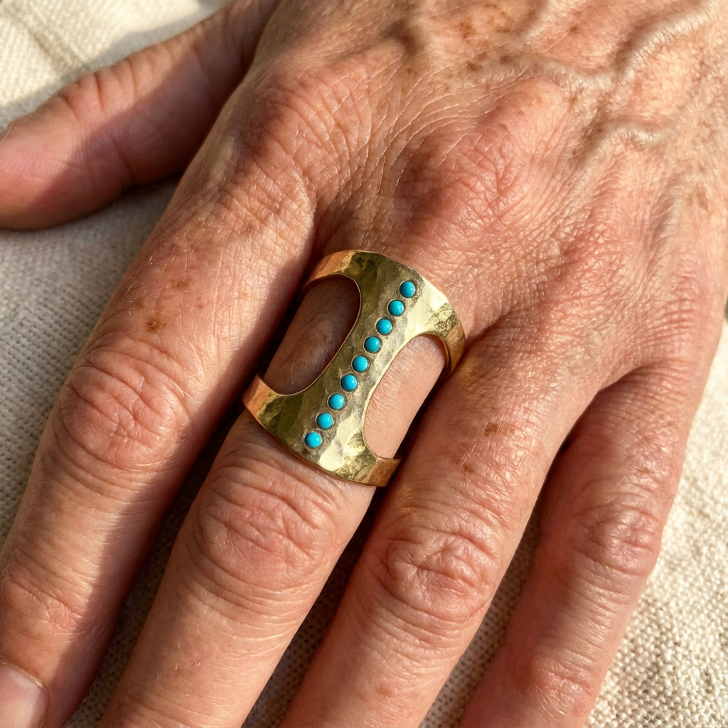 Vintage Handgemaakte Turquoise Dot Cuff Ring