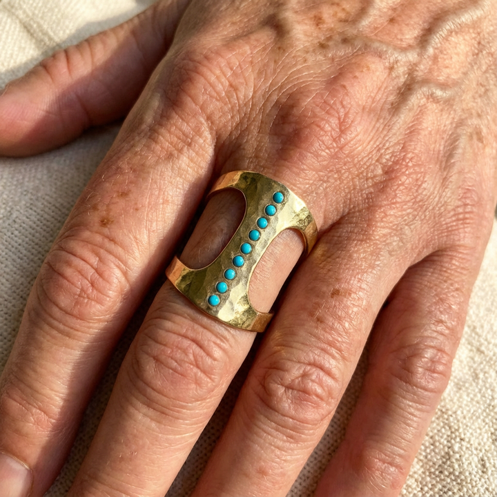 Vintage Handgemaakte Turquoise Dot Cuff Ring