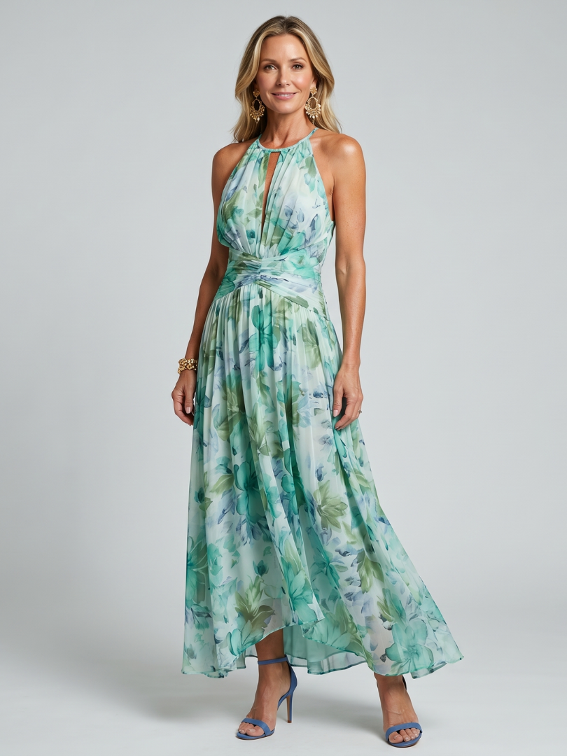 Midi Jurk Portia in Plissé Crêpe met Halternek en Bloemenprint