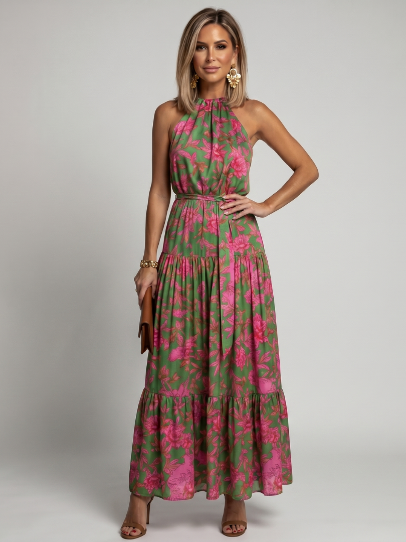 Elegante rozenkleurige midi jurk met halterdecolleté