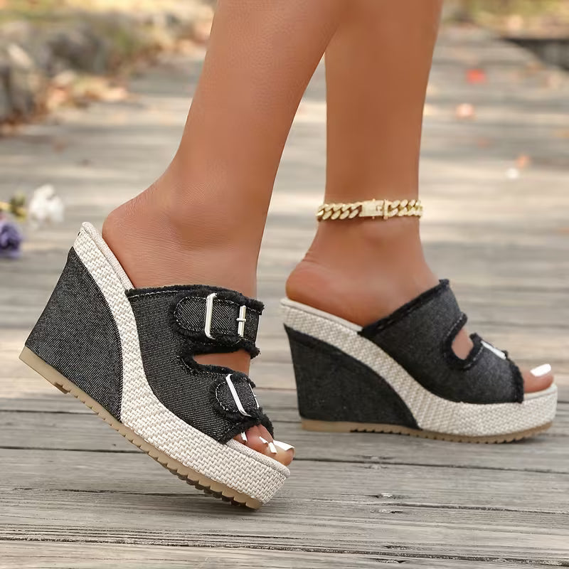 Ada | Denim Wedge Sandalen