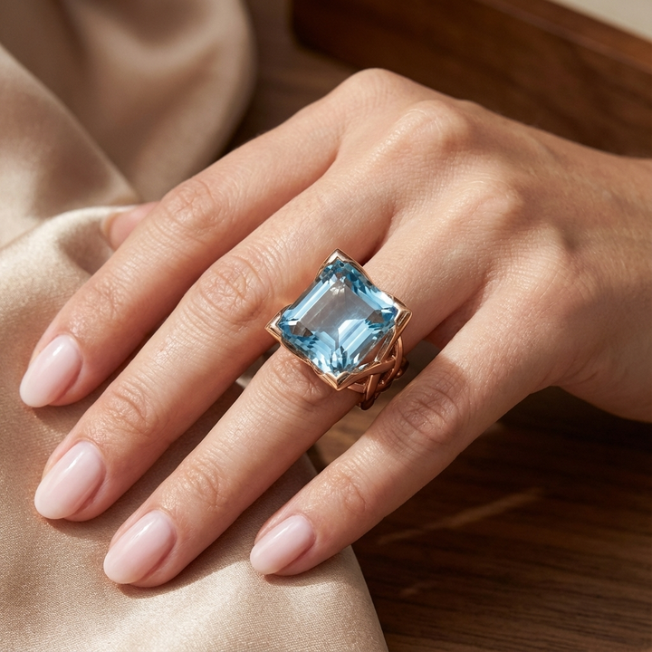 Vintage Roze Gouden Blauwe Zirkonia Ring