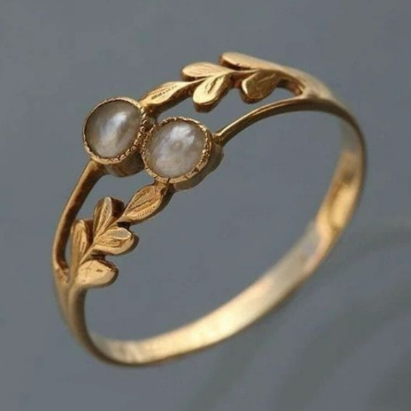 Vintage Dubbele Maansteen Gouden Geplateerde Bladring