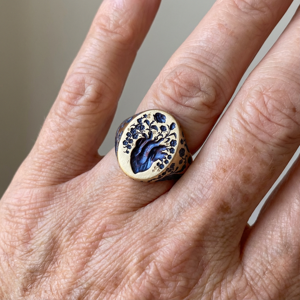 Vintage Hand Gegraveerde Blauwe Bloemige Gouden Ring