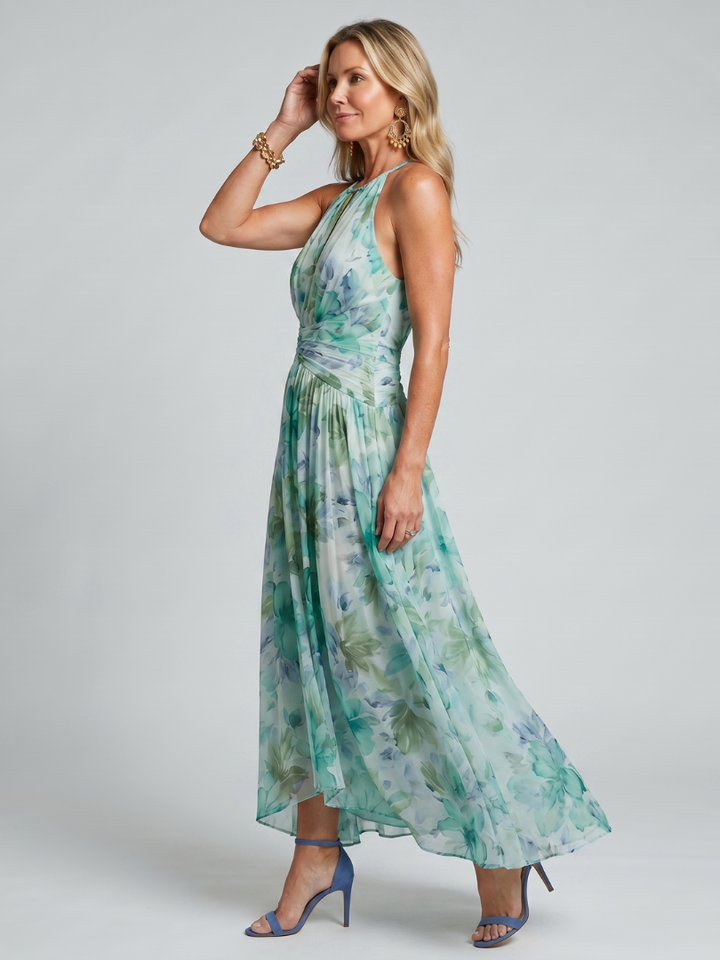 Midi Jurk Portia in Plissé Crêpe met Halternek en Bloemenprint