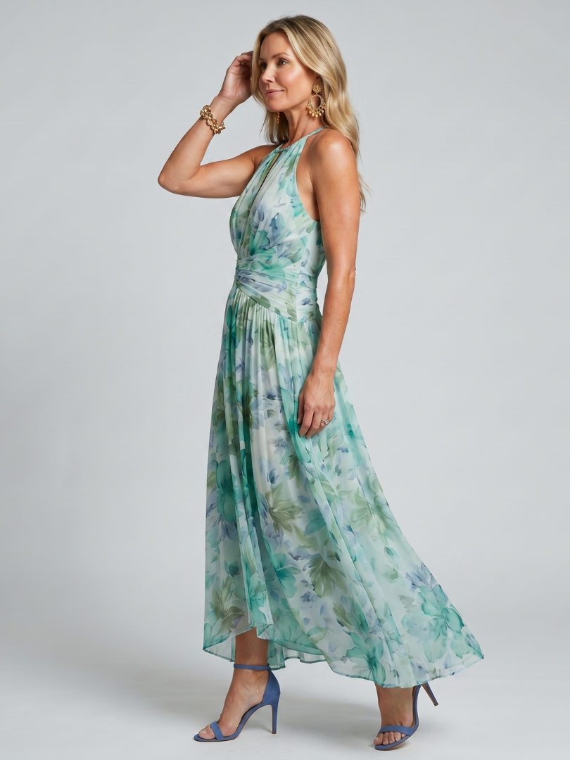 Midi Jurk Portia in Plissé Crêpe met Halternek en Bloemenprint