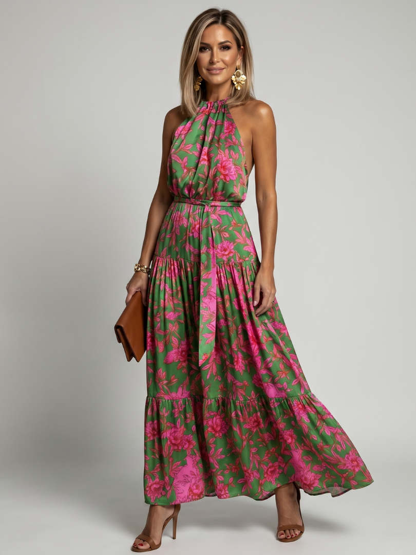 Elegante rozenkleurige midi jurk met halterdecolleté