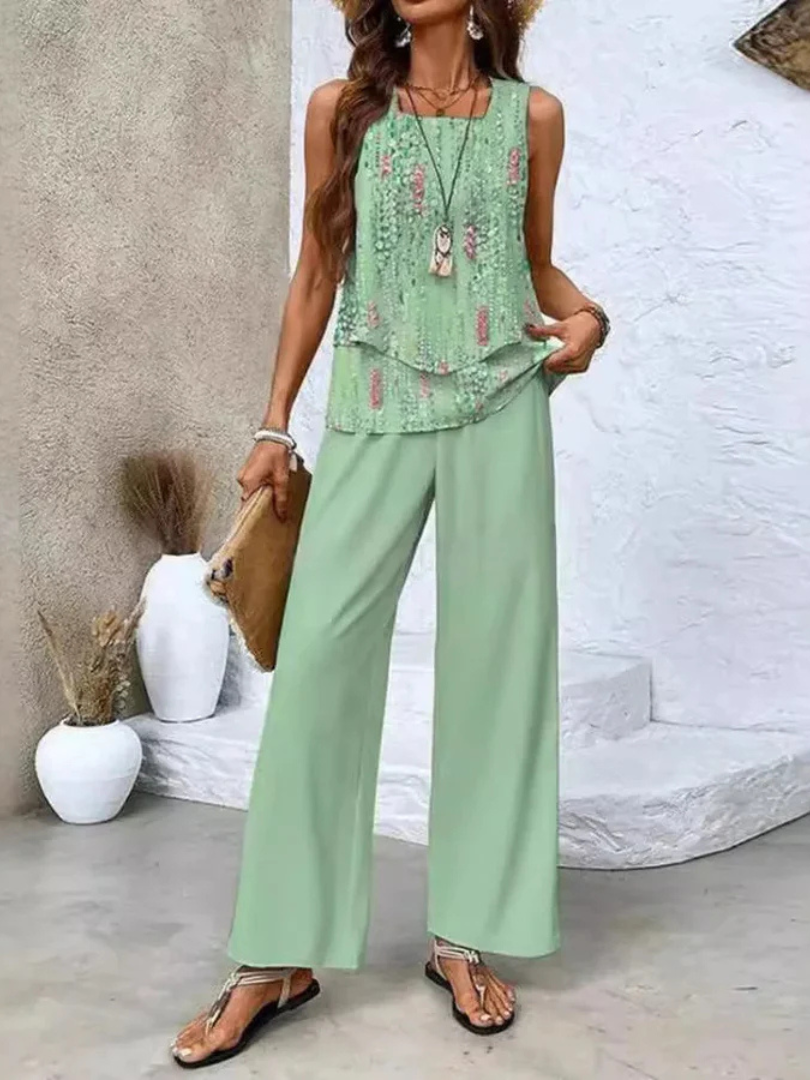 Ovelynra™ | Mouwloze Top en Brede-Pijpen Broek Set