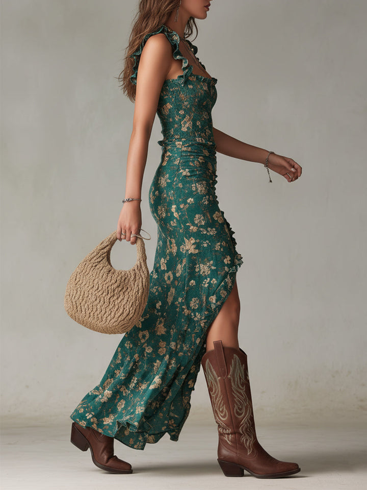 Retro bohemian lange jurk van luchtige stof met pofmouwen en elegante split