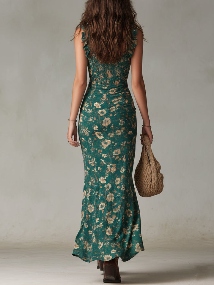 Retro bohemian lange jurk van luchtige stof met pofmouwen en elegante split