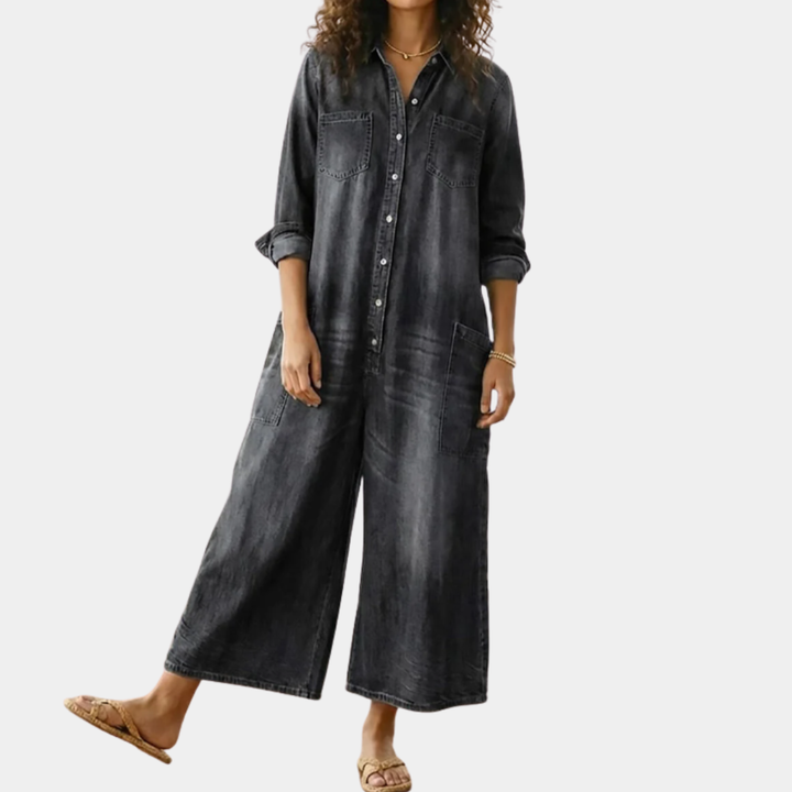 Diana | Vintage jumpsuit in denim katoen zacht gewassen met knopen