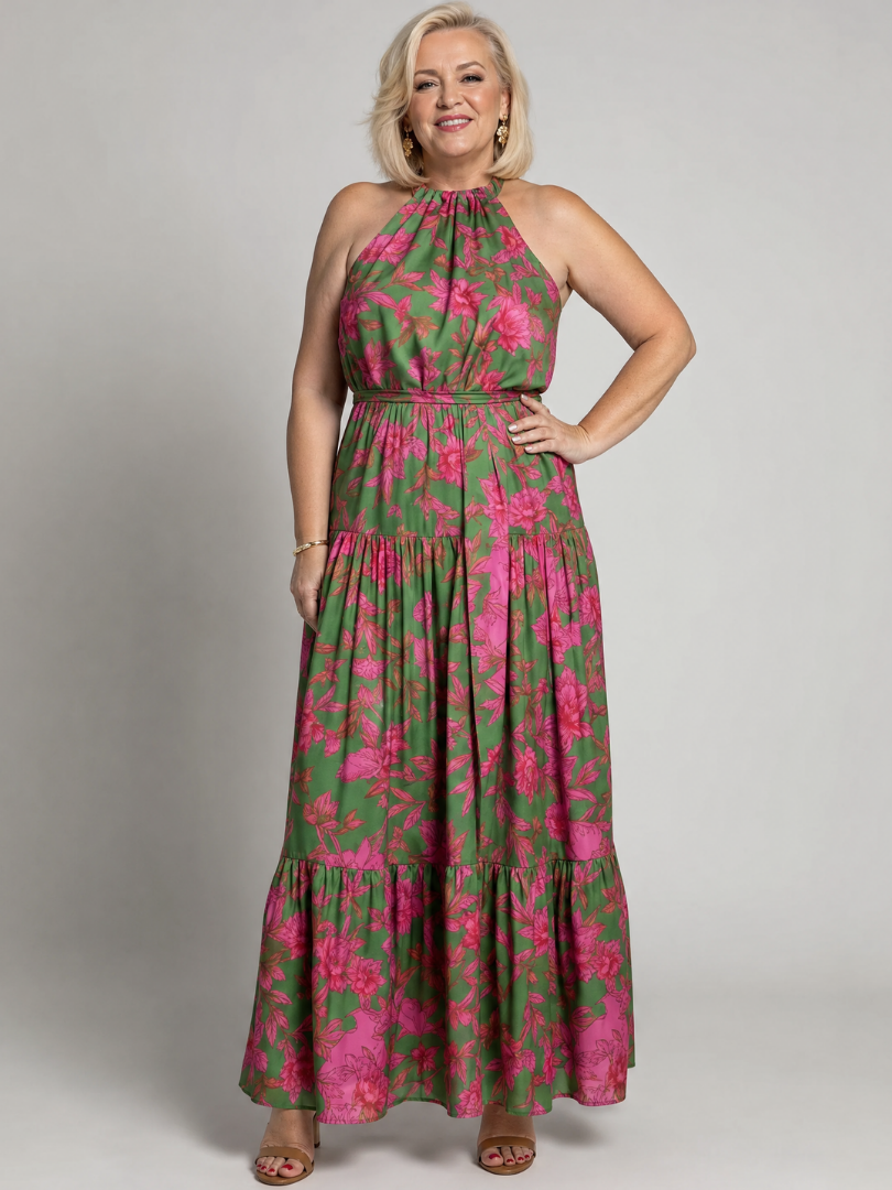Elegante rozenkleurige midi jurk met halterdecolleté