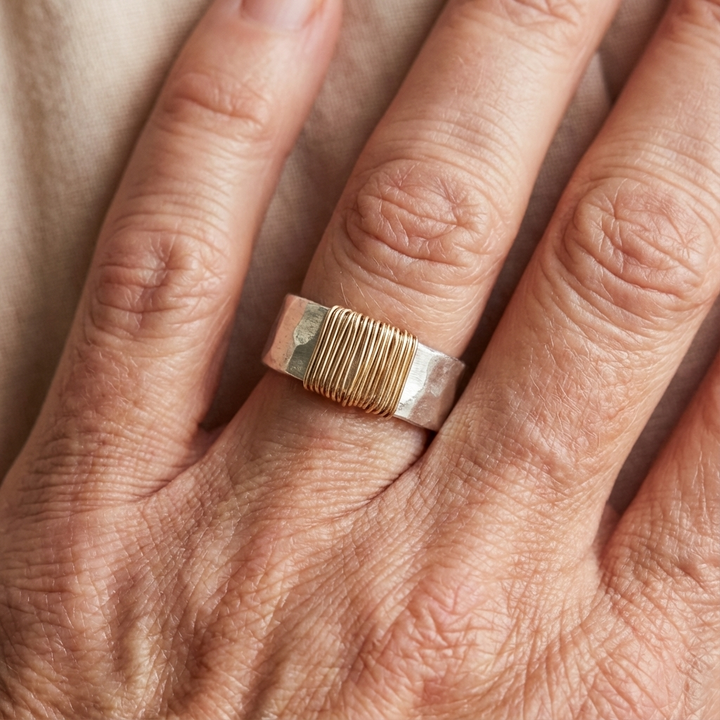 Geslagen Zilveren & Gouden Draad Artisan Statement Ring