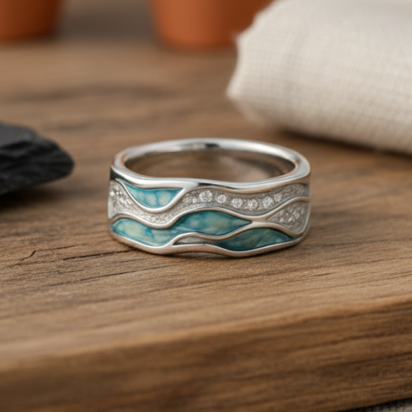 Elegante Turquoise Zilveren Golvenring