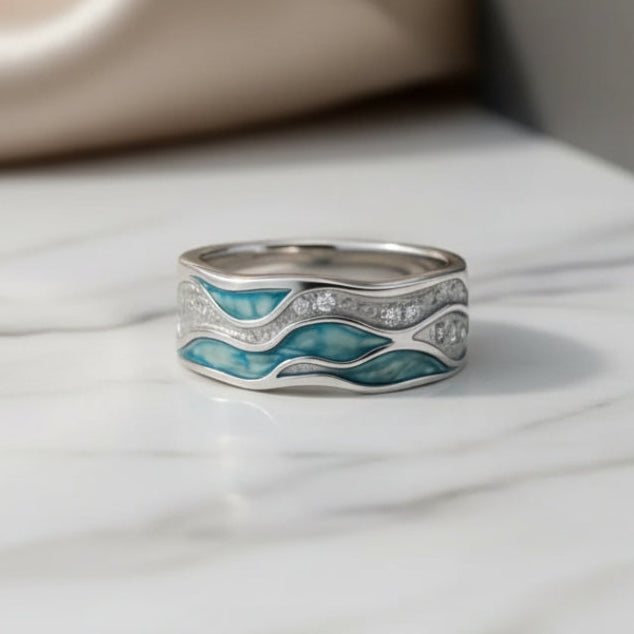 Elegante Turquoise Zilveren Golvenring