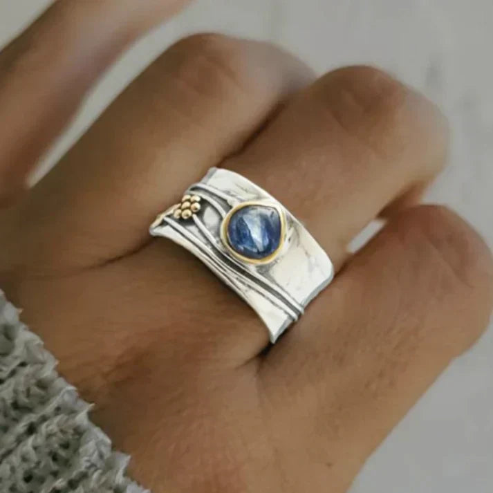 Vintage Blauwe Saffier Ring Verzilverd