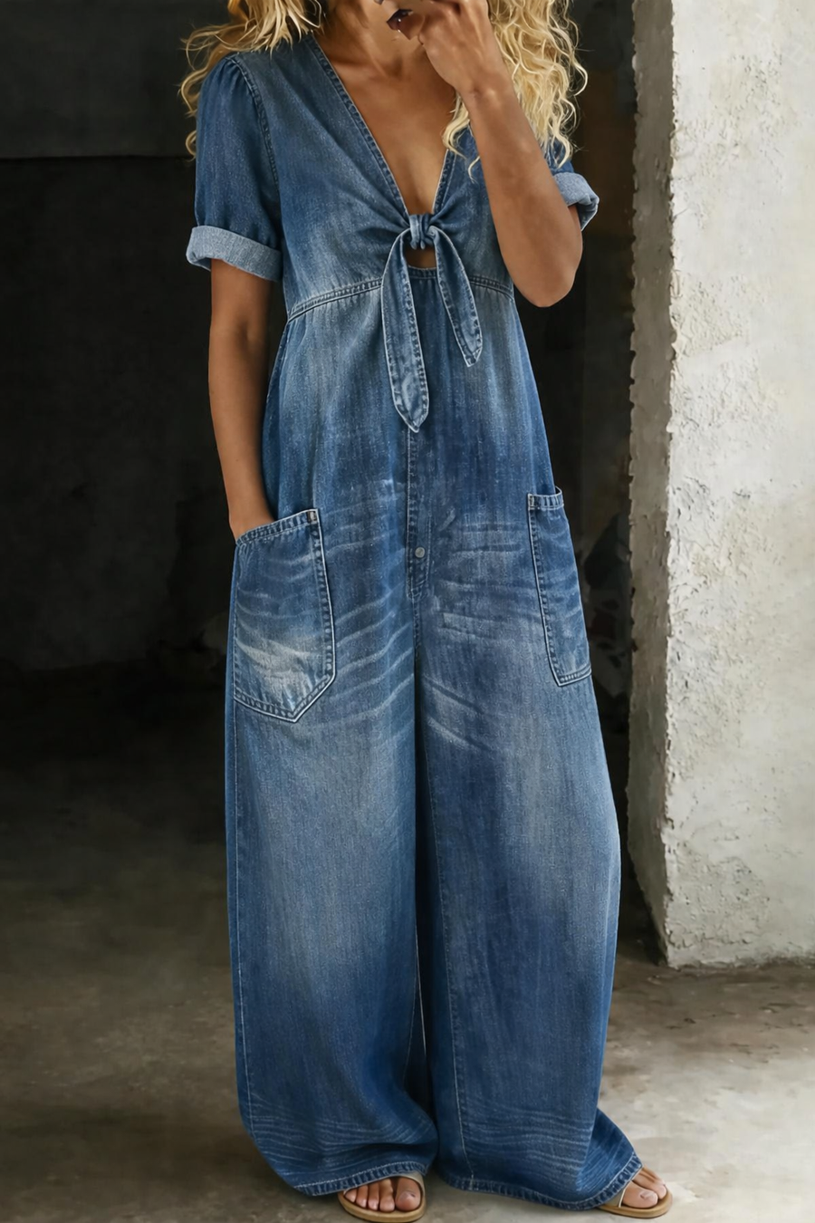 Maya | Jumpsuit met V-hals en Korte Mouwen