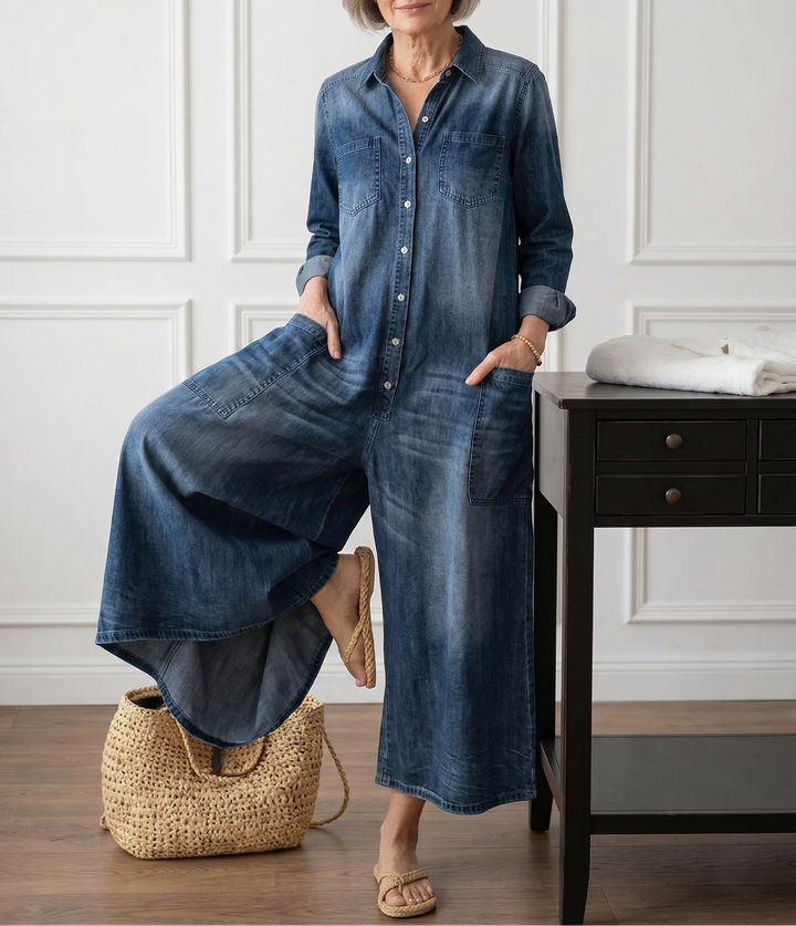 Diana | Vintage jumpsuit in denim katoen zacht gewassen met knopen