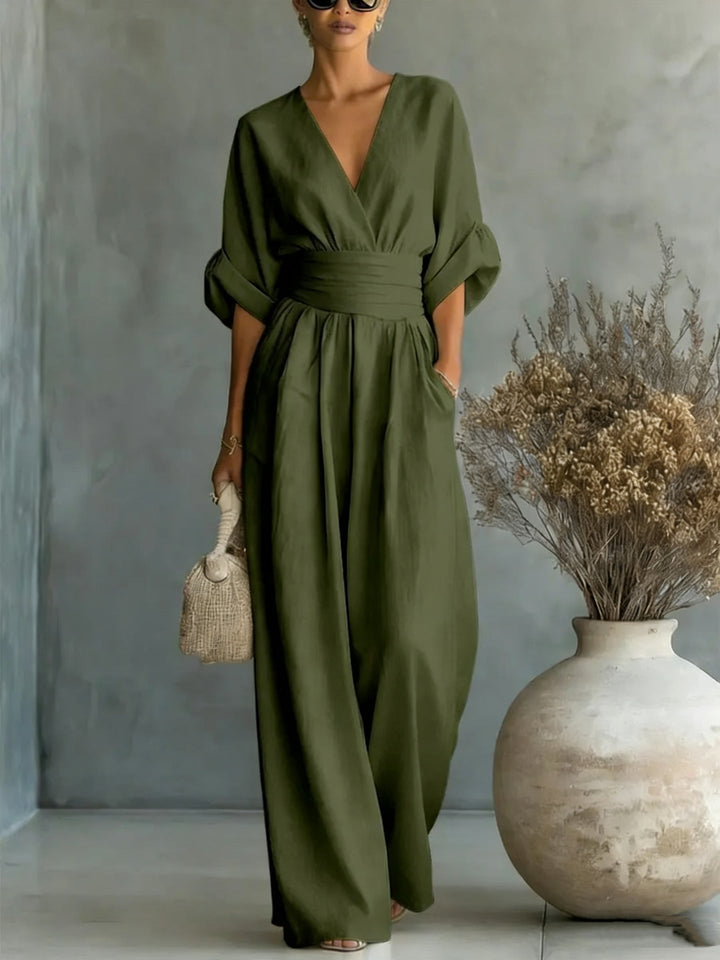 Elegante V-hals Jurk, Met Ontblote Rug en Vloeiende Mouwen - Maison Claire et Sylvie