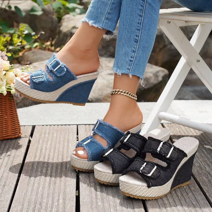 Ada | Denim Wedge Sandalen