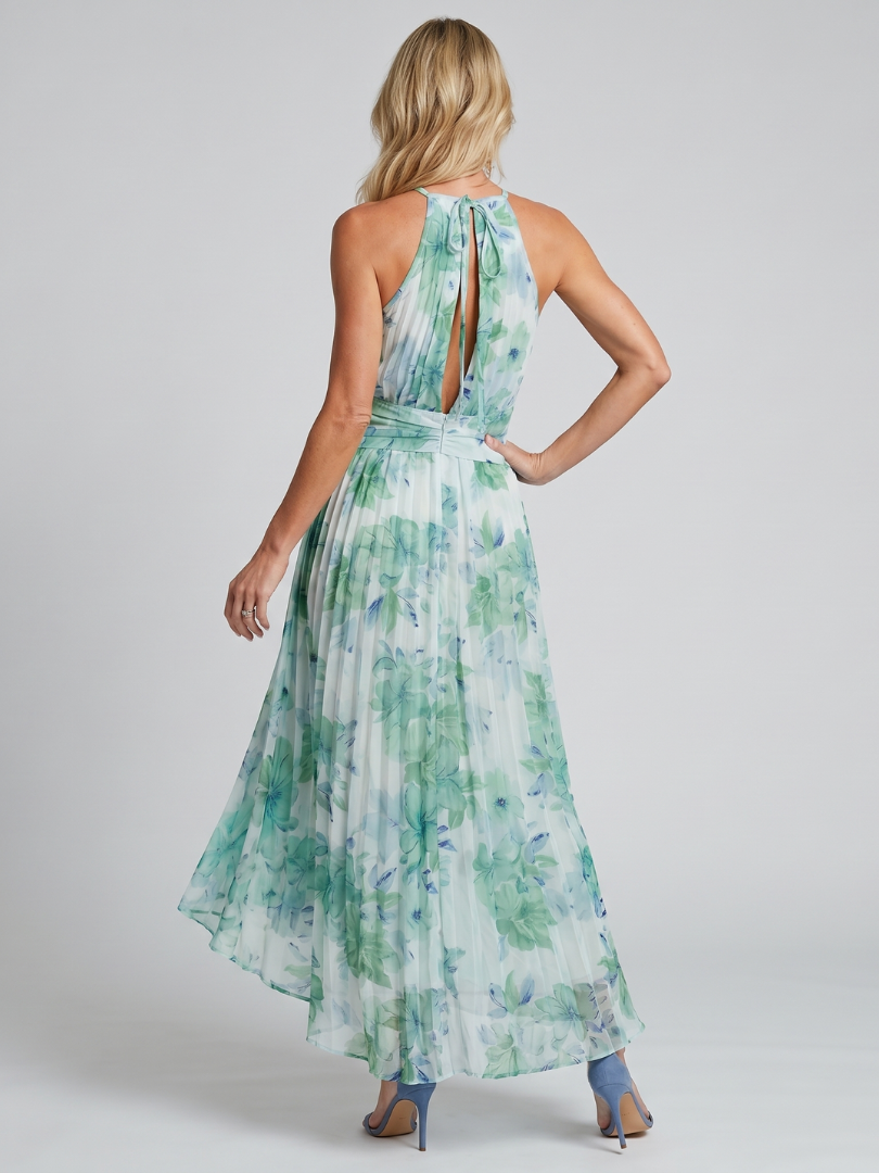 Midi Jurk Portia in Plissé Crêpe met Halternek en Bloemenprint