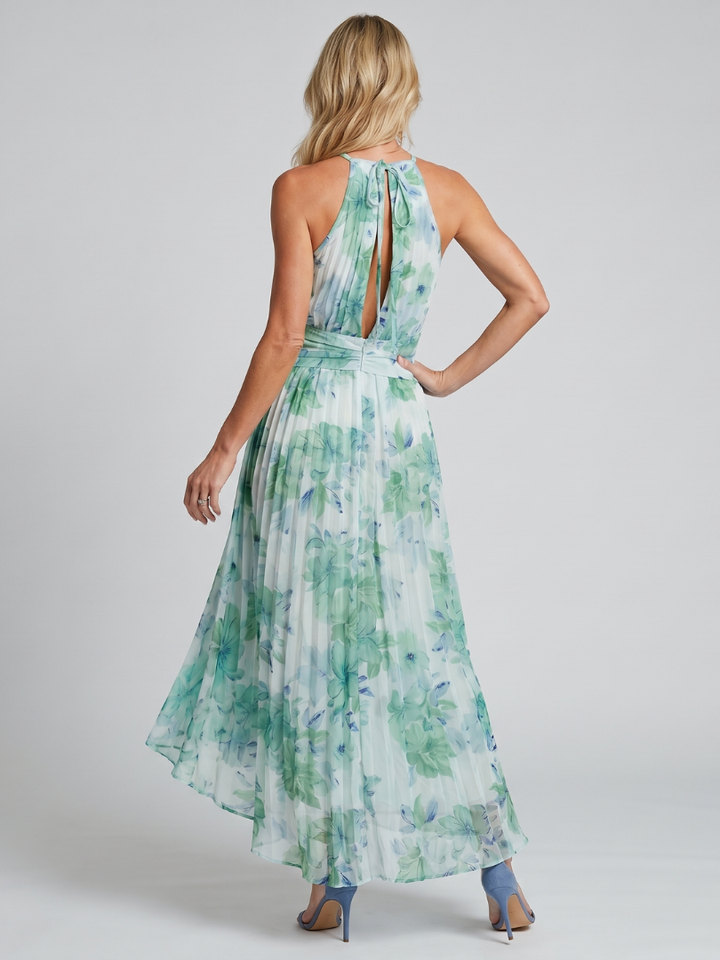 Midi Jurk Portia in Plissé Crêpe met Halternek en Bloemenprint