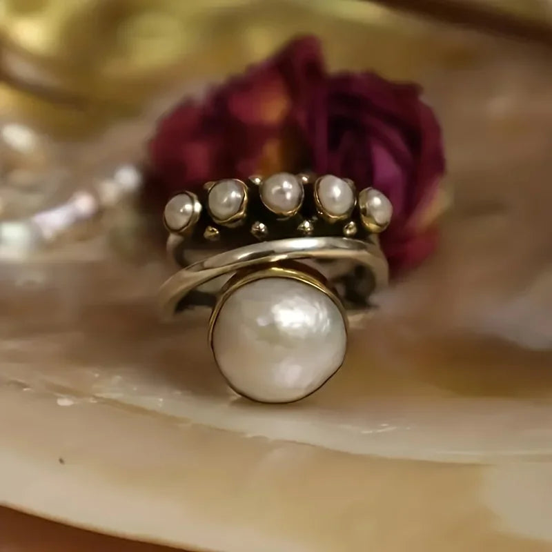 Klassieke Parel & Zilveren Multi-Band Ring