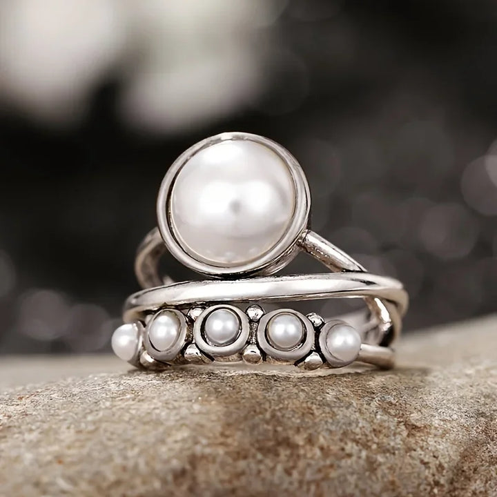 Klassieke Parel & Zilveren Multi-Band Ring