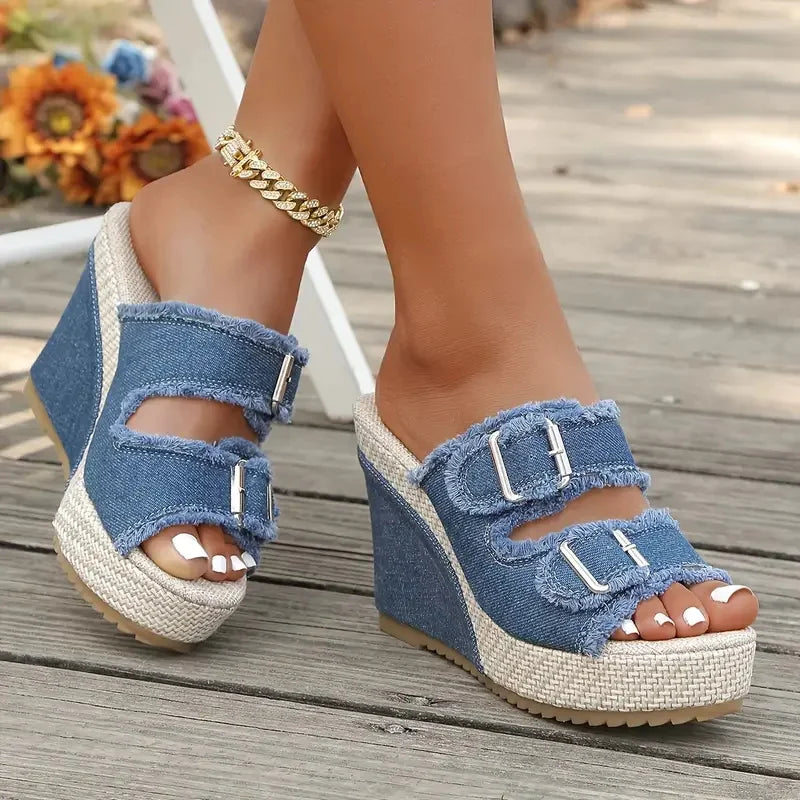 Ada | Denim Wedge Sandalen