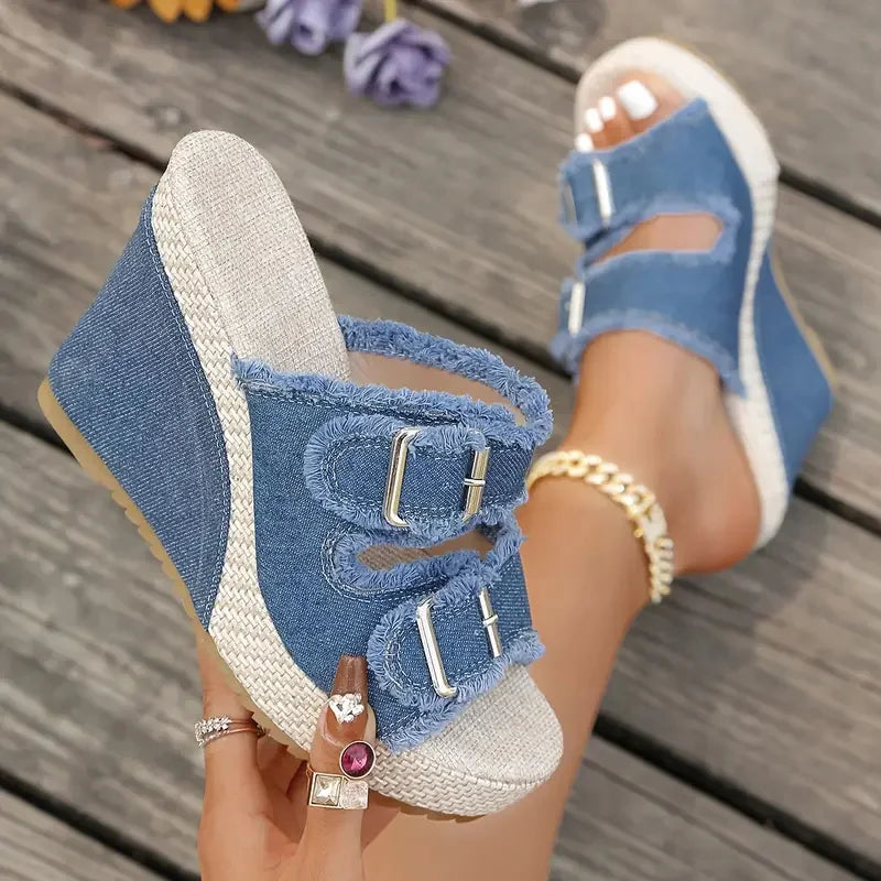 Ada | Denim Wedge Sandalen