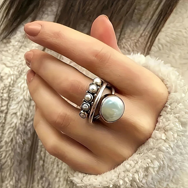 Klassieke Parel & Zilveren Multi-Band Ring