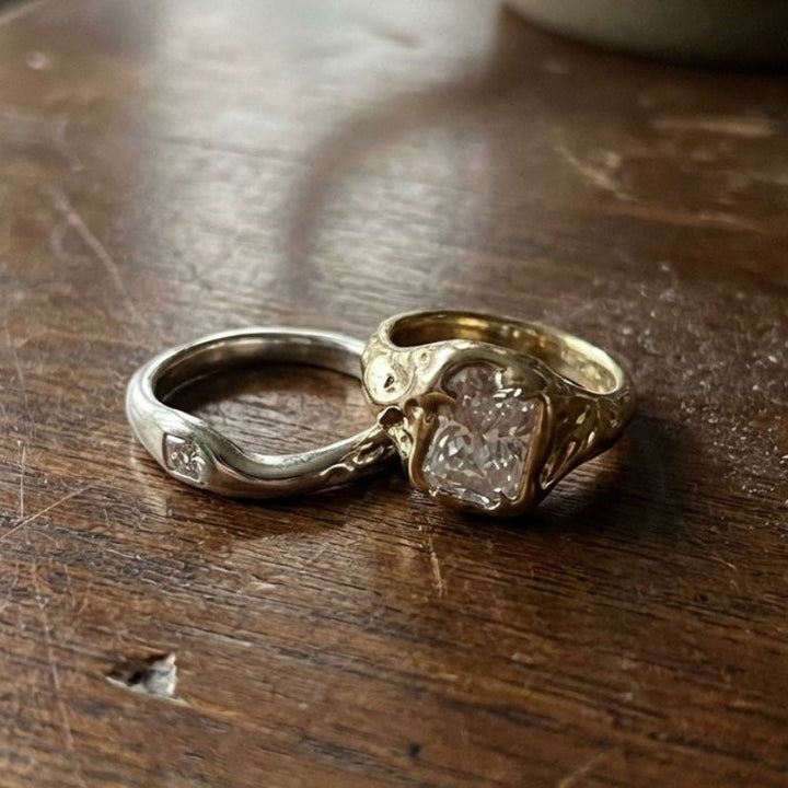 Vintage Witte Glazen Gouden & Zilveren Gestapelde Ring Set