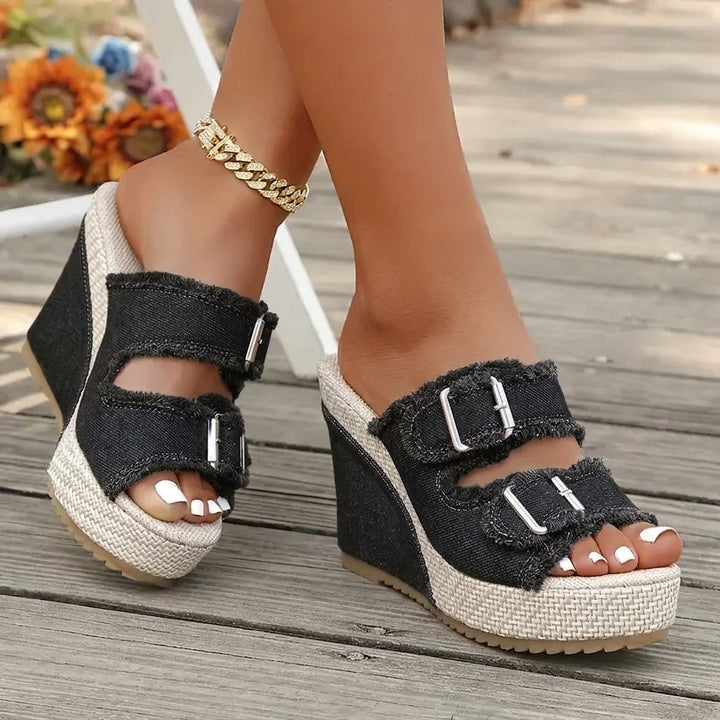 Ada | Denim Wedge Sandalen