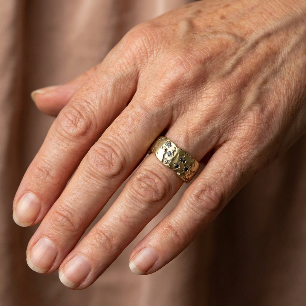 Vintage Gouden Gesmeed Ring met Blauwe Kristal Accenten