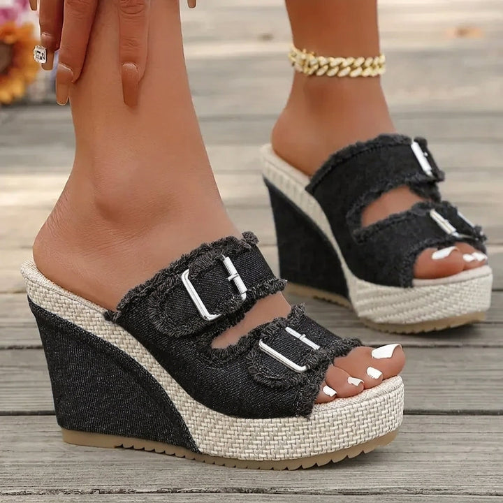 Ada | Denim Wedge Sandalen
