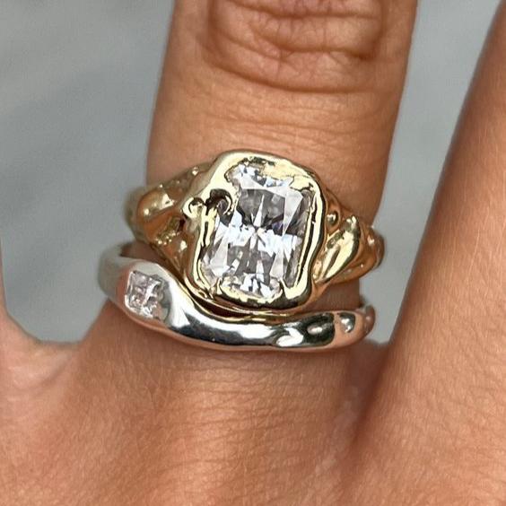 Vintage Witte Glazen Gouden & Zilveren Gestapelde Ring Set