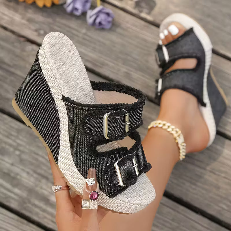 Ada | Denim Wedge Sandalen