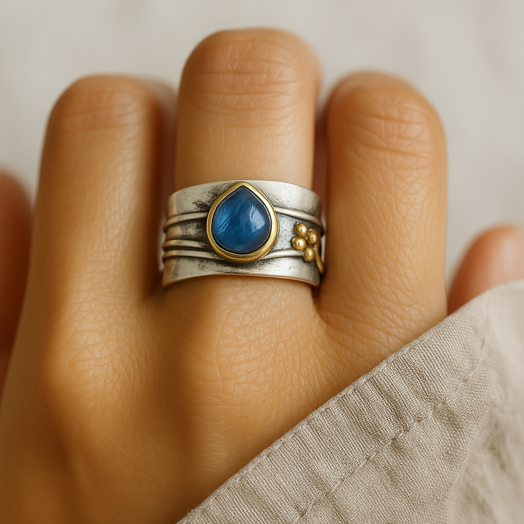 Vintage Blauwe Saffier Ring Verzilverd