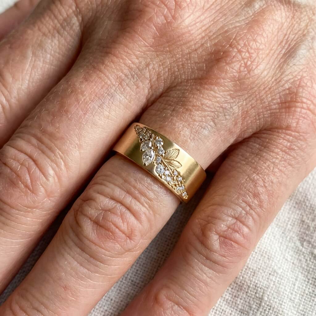 Vintage Brede Gouden Plated Glanzende Zirkonia Bladerenring