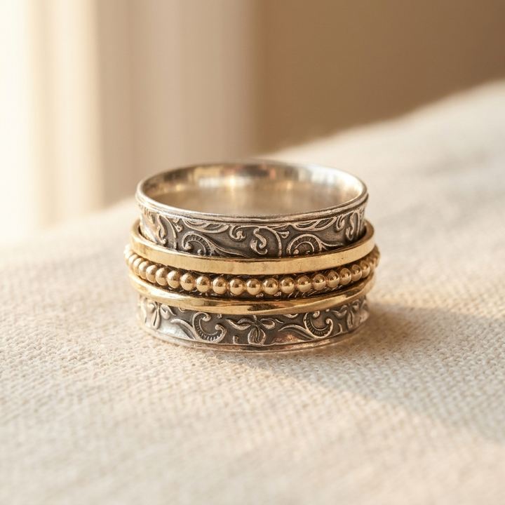 Vintage Geïnspireerde Zilveren & Gouden Spinner Statement Ring