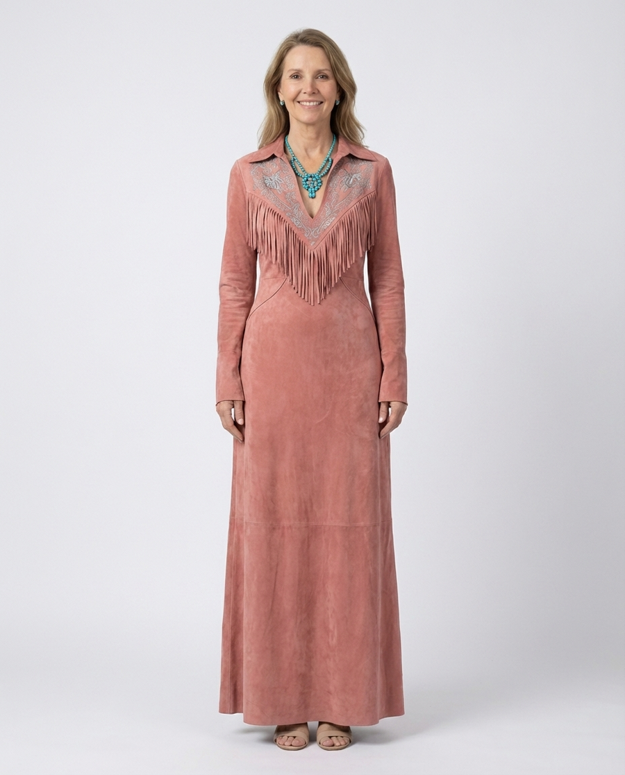 Vintage Western Tassel Geborduurde Roze Faux Suède Jurk