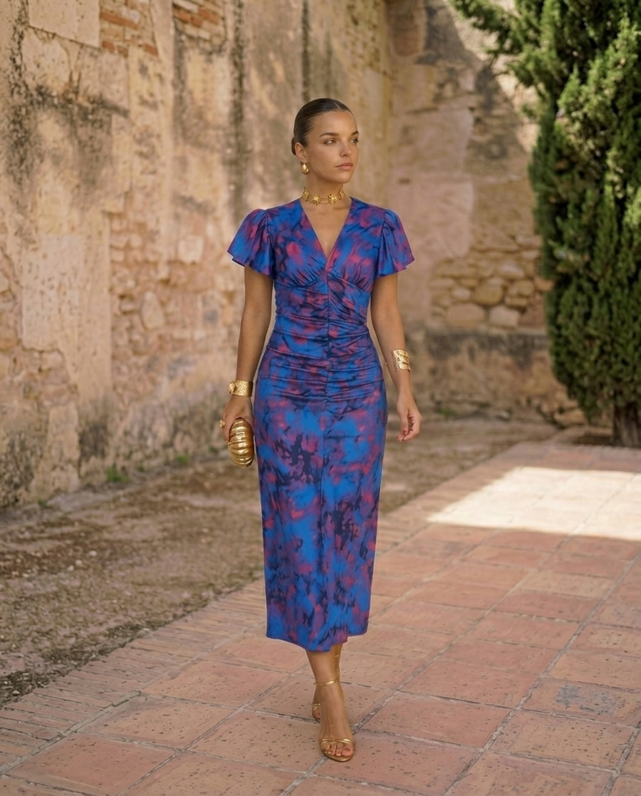 Carla | Midi-jurk met Gedrukt Patroon en Pofmouwen