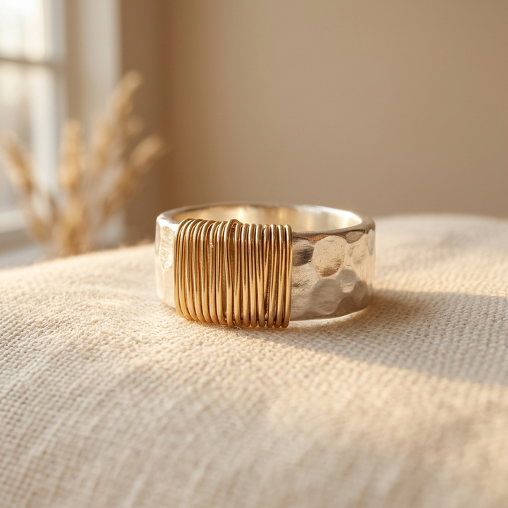 Geslagen Zilveren & Gouden Draad Artisan Statement Ring