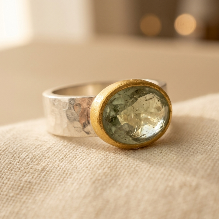Vintage Smaragdgroene Geslagen Zilveren Gouden Ring