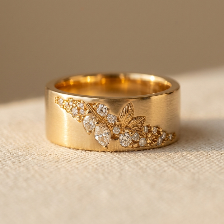 Vintage Brede Gouden Plated Glanzende Zirkonia Bladerenring
