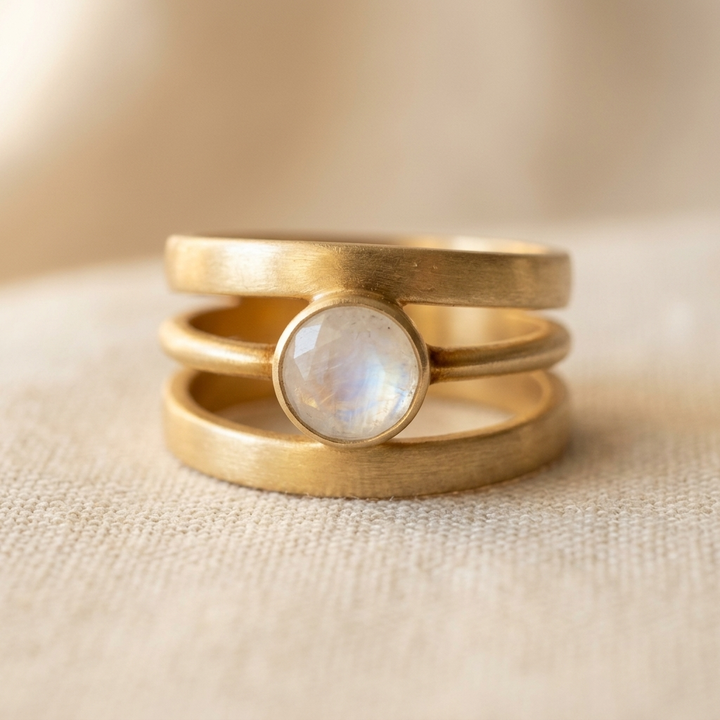 Vintage Maansteen Gouden Drievoudige Band Ambachtelijke Ring