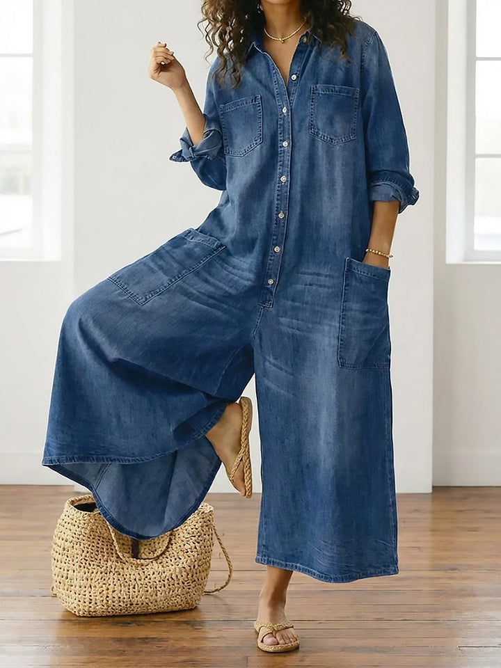 Diana | Vintage jumpsuit in denim katoen zacht gewassen met knopen