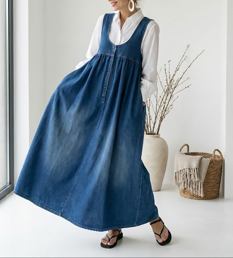 Karen | Lange Vintage Denim Jurk met Zachte Katoenen Touch