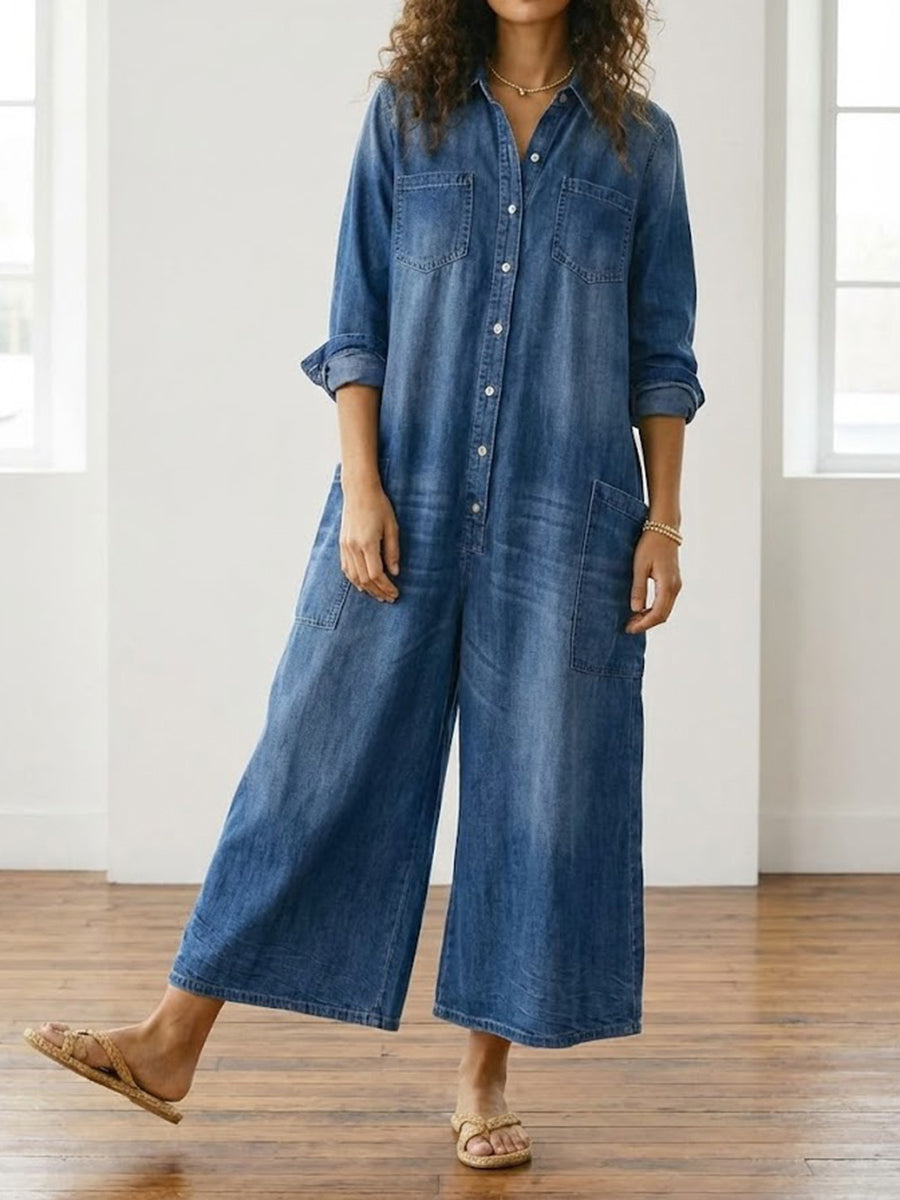 Diana | Vintage jumpsuit in denim katoen zacht gewassen met knopen